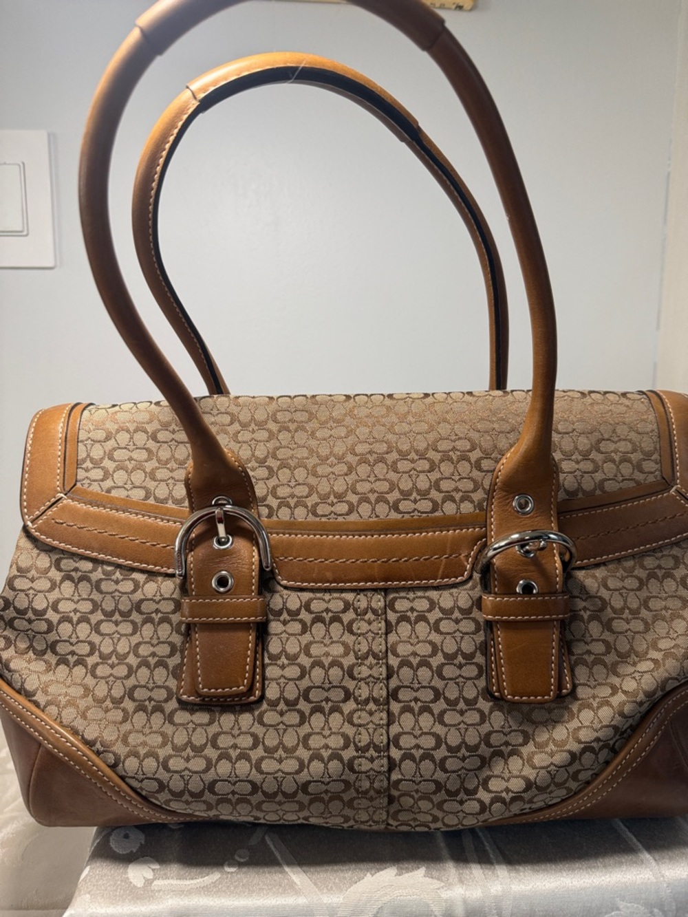 Coach Brown Signature Canvas Shoulder Satchel with Tan Leather Trim - Picture 3 of 13